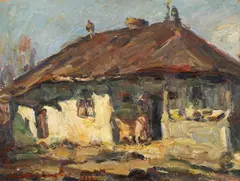 Țărăncuță în pridvor by Rudolf Schweitzer–Cumpăna, 1966, ulei pe carton, sold Dec 2025