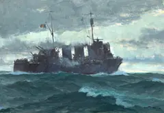 Dimitrie Știubei, Intrarea unui crucișător în port, 1944, ulei pe carton