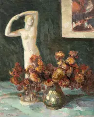 Flori și artă (Crăițe și Mac Constantinescu) by Samuel Mützner, 1935-1940, ulei pe pânză lipită pe carton, offered Dec 2025