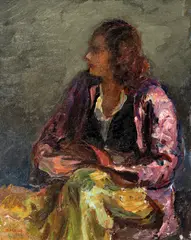 Rodica în lila by Samuel Mützner, anii '40, ulei pe pânză lipită pe carton, offered Dec 2025