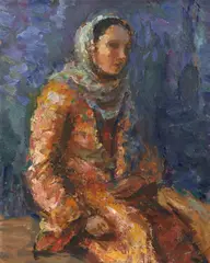 Rodica în orange by Samuel Mützner, 1939-1940, ulei pe carton, sold Dec 2025