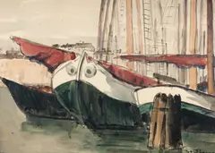 Stefan Popescu, Vase în port, anii '20, acuarelă și tuș pe hârtie lipită pe carton