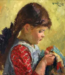 Micuța cusătoreasă by Octavian Angheluță, 1940, ulei pe pânză, sold Dec 2025