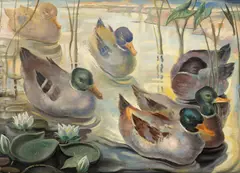 Rățuște by Carol Hübner, 1948, ulei pe carton, offered Dec 2025