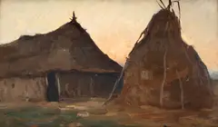 Peisaj la sat by Adam Bălţatu, 1916, ulei pe placaj, sold Dec 2025