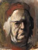 Corneliu Baba, Autoportret cu beretă roșie, 1979, cerapastel, cărbune și accente de guașă pe hârtie