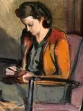 Corneliu Baba, Cusătoreasă, 1948, creioane cerate, acuarelă și accente de guașă pe hârtie lipită pe carton