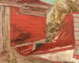 Horia Bernea, Case la Poiana Mărului (Curtea lui Țogoe), 1969, ulei pe pânză