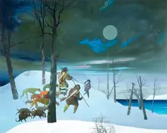 Felix Aftene, Chasseurs dans la neige, 2025, acrilic pe pânză