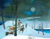 Felix Aftene, Chasseurs dans la neige, 2025, acrilic pe pânză