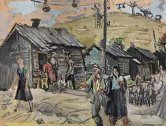 M. H. Maxy, Peisaj din Valea Jiului, 1943, tempera pe hârtie lipită pe carton