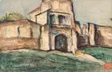 Intrare la mănăstirea Plumbuita by Gheorghe Petrașcu, 1939, acuarelă și cărbune pe hârtie, sold Dec 2025