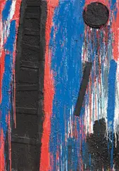 Miro Vuco, Black Ladders, 1980-ih, Oil, wood, cardboard and plaster on canvas