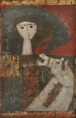 Mersad Berber, Girl and horse, 1969., colored woodcut with gold leaf