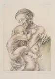 Dimitrije Popović, Mother and Child, 1980., drypoint, watercolor and pencil on paper