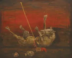 Mersad Berber, Fall of the Hero (Osman), oil, charcoal and collage on board