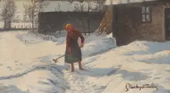 Slavko Tomerlin, Snow Clearing, 1940, oil on hardboard