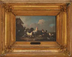 Friedrich Voltz, Backyard with Chickens, oil on wood