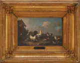 Friedrich Voltz, Backyard with Chickens, oil on wood