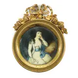 Figure of a woman to the knee in a white dress with a blue belt in the style of Louis XVI by Srednjoeuropska škola, 18. stoljeće, watercolor on ivory, offered Dec 2025