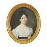 Joseph Parent, Portrait of a Woman in a White Dress with a Black Belt, 1821., watercolor on ivory