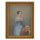 Figure of a woman in a light blue dress, standing next to the table by Europska škola, 19. stoljeće, oil on cardboard, offered Dec 2025