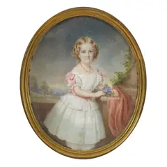 Richard Schwager, Girl in Front of a Balustrade in a White Dress, watercolor on ivory