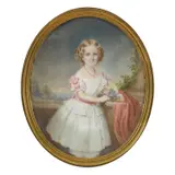 Richard Schwager, Girl in Front of a Balustrade in a White Dress, watercolor on ivory