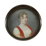 Bust of a Woman in an Empire Dress with a Red Shawl by Francuska škola, početak 19. stoljeća, watercolor on ivory, offered Dec 2025