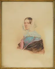 Portrait of a woman in a blue dress with a brown cloak by Emanuel Thomas Peter, watercolor on paper, offered Dec 2025