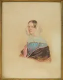 Emanuel Thomas Peter, Portrait of a woman in a blue dress with a brown cloak, watercolor on paper