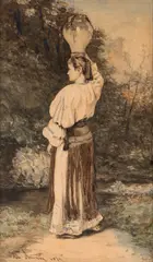 Theodor Aman, De la izvor, 1874, acuarelă și creion pe hârtie lipită pe carton