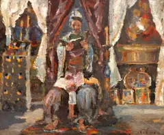La slujbă by Nicolae Enea, ulei pe carton, sold Nov 2025