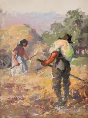 La strânsul fânului by Costin Petrescu, ulei pe pânză lipită pe carton, sold Nov 2025