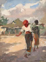 Țărăncuțe cu cobiliță by Costin Petrescu, ulei pe pânză lipită pe carton, sold Nov 2025