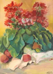 Ghivece cu mușcate by Aurel Jiquidi, 1954, pastel și cărbune pe hârtie lipită pe carton, offered Nov 2025