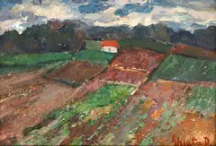 Peisaj la țară by Dumitru Ghiață, ulei pe carton, offered Nov 2025