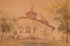 Nicolae Grant, Biserica Bunea, acuarelă și creion pe hârtie