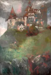 Alexandru Severin, Vedere spre Castelul Bran, 1920, pastel pe hârtie lipită pe carton
