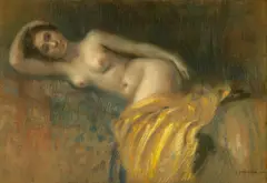 Paul Molda, Nud pe canapea, pastel pe hârtie lipită pe carton