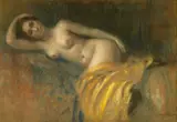 Paul Molda, Nud pe canapea, pastel pe hârtie lipită pe carton