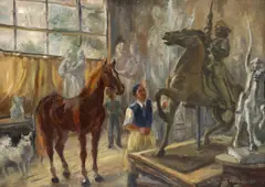 Ileana Rădulescu, În atelierul sculptorului, 1981, ulei pe carton