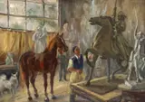Ileana Rădulescu, În atelierul sculptorului, 1981, ulei pe carton