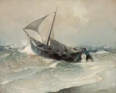Plecarea la pescuit by Dimitrie Florian, ulei pe pânză lipită pe carton, sold Nov 2025