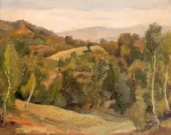 Peisaj din Munții Buzăului by Alexandru Moscu, ulei pe carton, sold Nov 2025