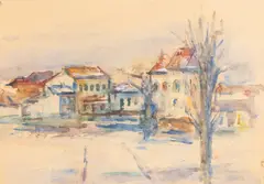 Peisaj din Târgoviște by Ion Musceleanu, 1974, acuarelă și creion pe hârtie, sold Nov 2025