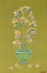 Vasile Celmare, Cochilii și crini, 1998, ulei și tempera pe hârtie