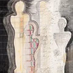 Half Cake Man by Paul Neagu, 1970, acuarelă, cărbune și creion pe hârtie lipitiă pe carton, sold Nov 2025