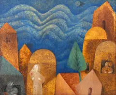 Peisaj oriental by Samy Briss, 1989, ulei pe placaj, sold Nov 2025