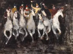 Cavalcadă by Magdalena Rădulescu, 1965, ulei pe pânză lipită pe carton, offered Nov 2025